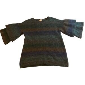 Ponsesa Striped Bell Sleeve Loose fit Wool Blend Sweater Blue Green Brown  Med